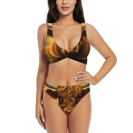 Zeuib Sunset Sunflower Cow A High Waisted Tummy Control Bikini Set - Knot Front Push Up Top & Cheeky Thong Bottom  Two-Piece Swimsuit for Women-Medium