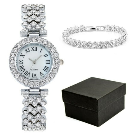 Warkul Watch Wristwatch for Women, 3 Pcs/Set Watch Bracelet Set Shiny Rhinestone Quartz Movement Adjustable Strap Stainless Watch Bracelet Set Lady Jewelry