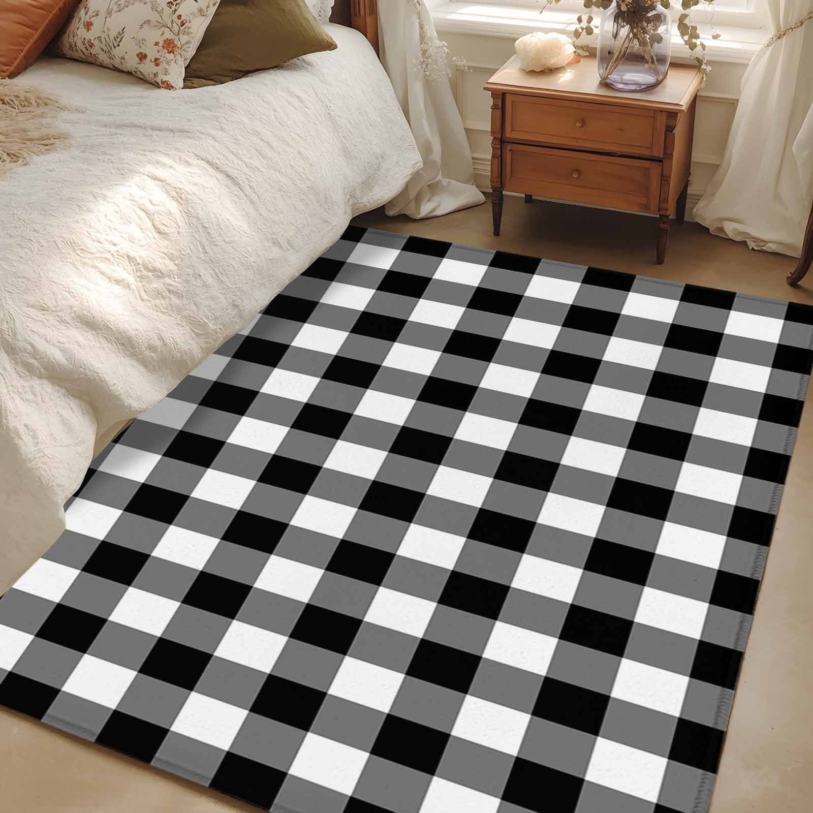 Area Rug 3'x5', Black White Plaid Non-slip Runner Rug Carpet for Bedside, Gradient Geometric Buffalo Checkered Washable Outdoor Indoor Area Rugs Mat for Entryway/Living Room/Bedroom/Kitchen/Office