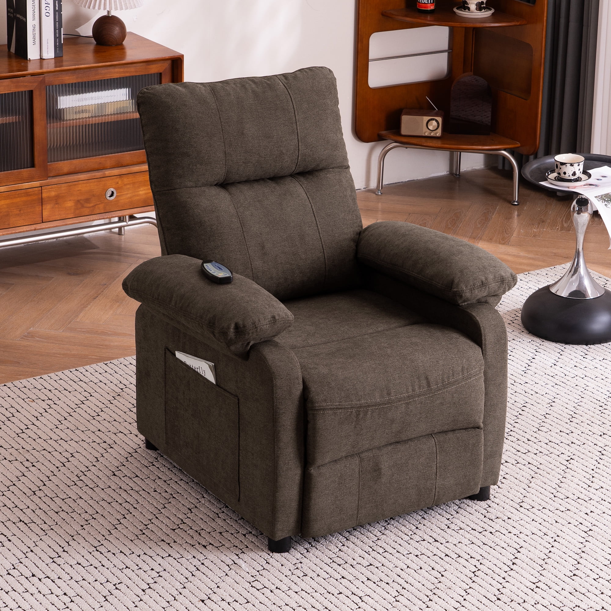NEW Recliner Chair: Manual Push Back Reclining Chair with 8-Point Massage & Heating, Plush Chenille Fabric & Remote Control, Side Storage Pockets for Living Room, Bedroom, Brown