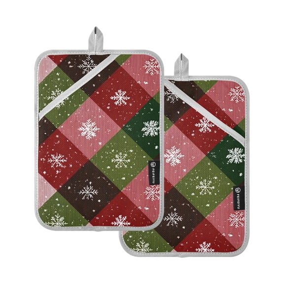 Red and Green Plaids Snowflakes Christmas Potholders Heat Resistant Pot Holder Set of 2 Oven Hot Pads with Pocket
