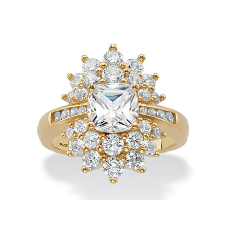 Ornate Floral Ring Cushion-Cut Cubic Zirconia Floral Cluster Ring 3.24 TCW in 14k Yellow Gold over Sterling Silver ()