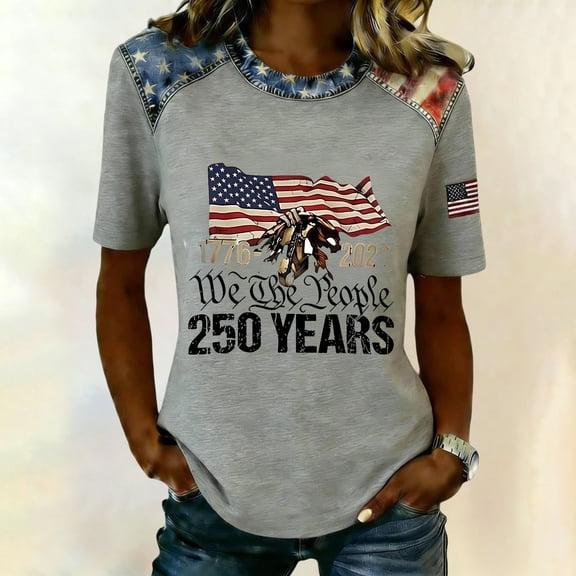 Iaqnaocc Womens Shirts 250 Anniversary Usa 4th Of July Summer Cute Crew Neck Vintage T Shirt Independence Day 250 anniversary usa flag July 4th Celebration Short Sleeve Tee Tops Gray XXL