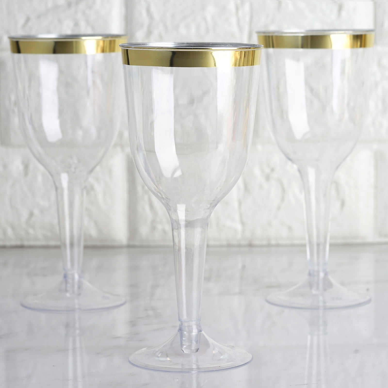 12 5 oz Plastic CLEAR with Gold Rim Champagne Disposable Glasses Party Wedding