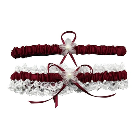 

Bridal Wedding Garter Lace Ribbon Flower Garters Decorations for Bride and Bridesmaid (Wine Red)