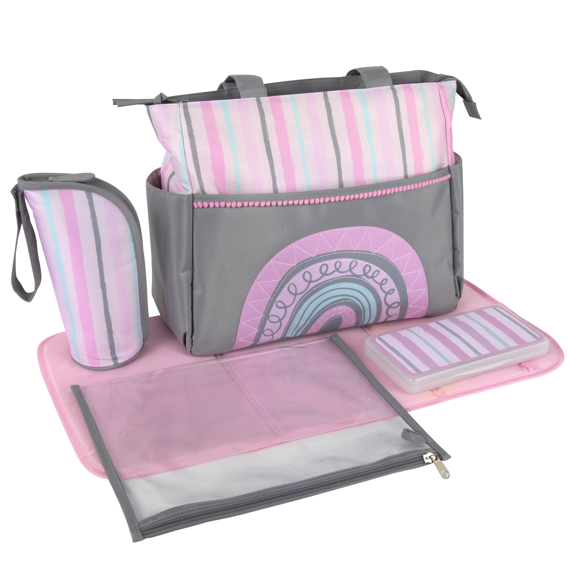 Baby Essentials Water Resistant Rainbow Tote Diaper Bag with Changing Pad, Multicolor, 5 Piece