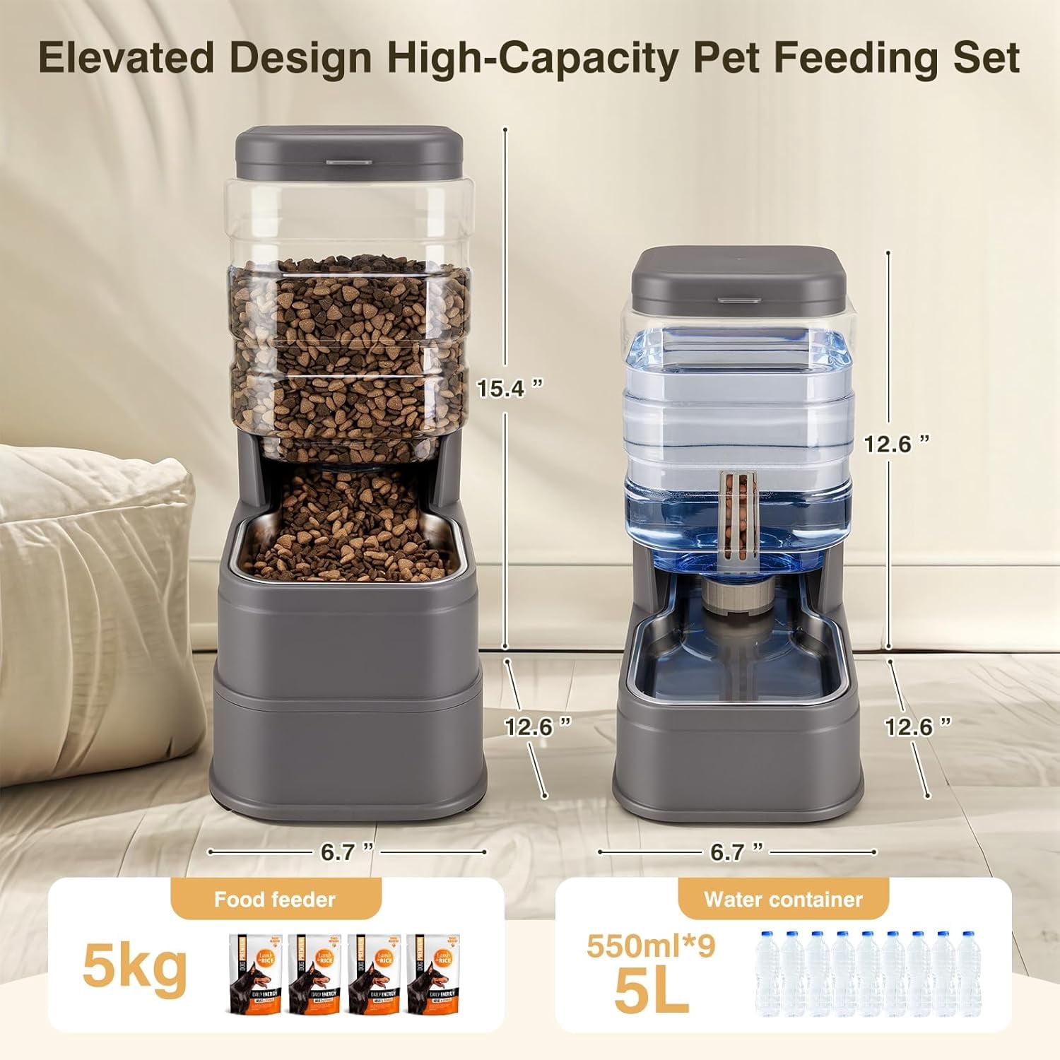 2 Pack Automatic Cat Feeder and Water Dispenser 1.3Gallon Dog Gravity Food Feeder and Water with Ice Pack Stainless Steel Dry Food and Waterer Bowl for Small Medium Large Pets (Blue)