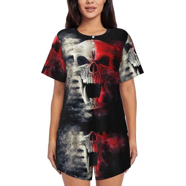 Fotbe Red And White Screaming Demon Skull Conjunto de Pijama Estampado para Mujer, 2 Piezas, Ropa de Dormir con Camiseta de Manga Corta y Shorts Suaves-Medium