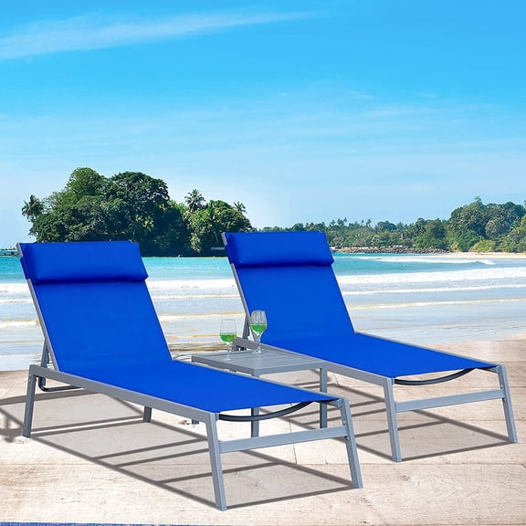Patio Chaise Lounge Set -3 Pieces Adjustable Backrest Pool Lounge Chairs Steel Textilene Sunbathing Recliner with Headrest by Domi Outdoor Living (Blue)
