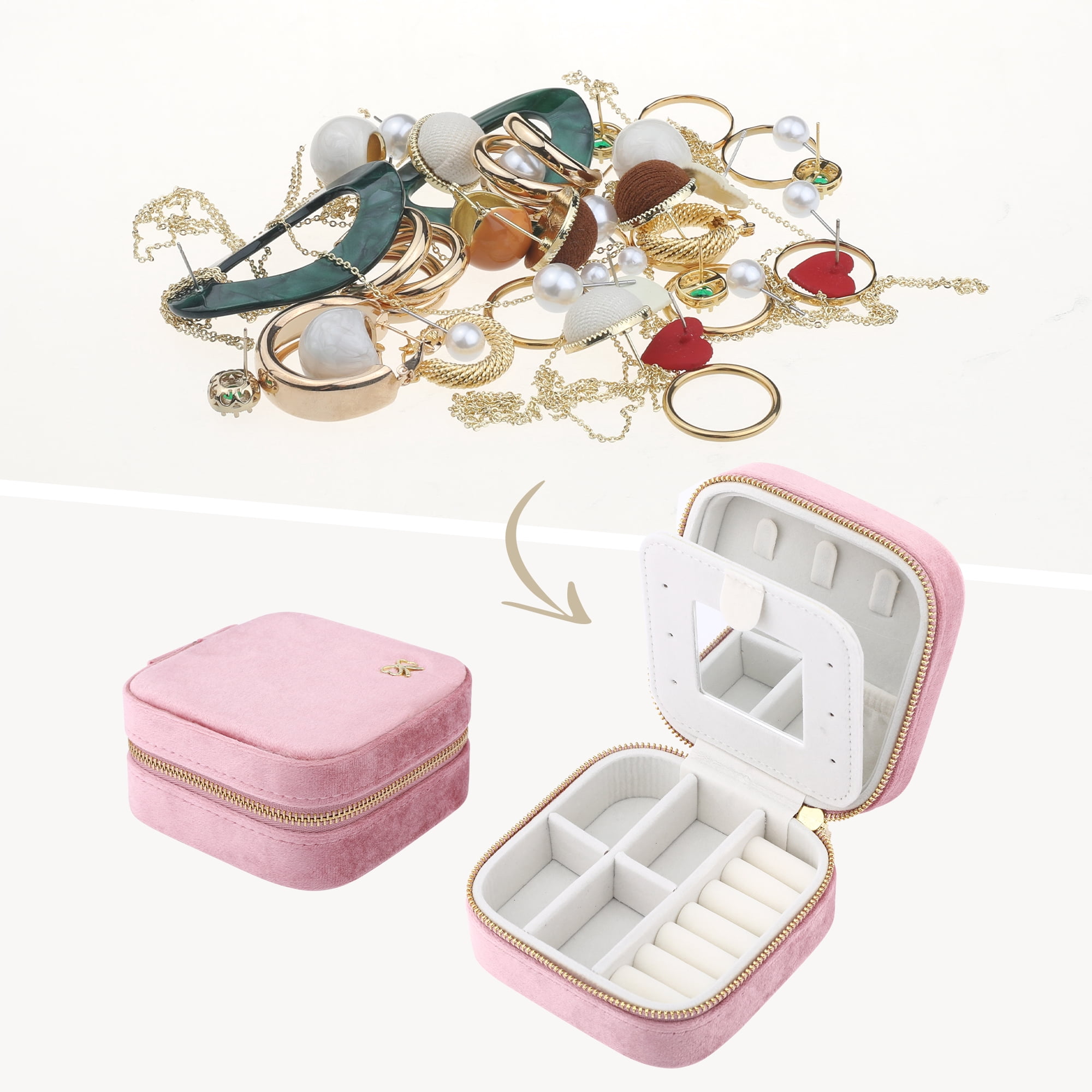 Unique Bargains Velvet Portable PU Leather Organizer Jewelry Box with Mirror Pink