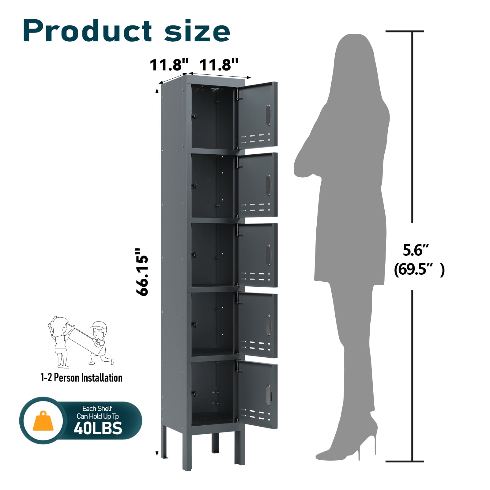 NODHM 66" Metal Employee Locker – 5-Door, Grey/White, With Hooks, For Gym, School, Office