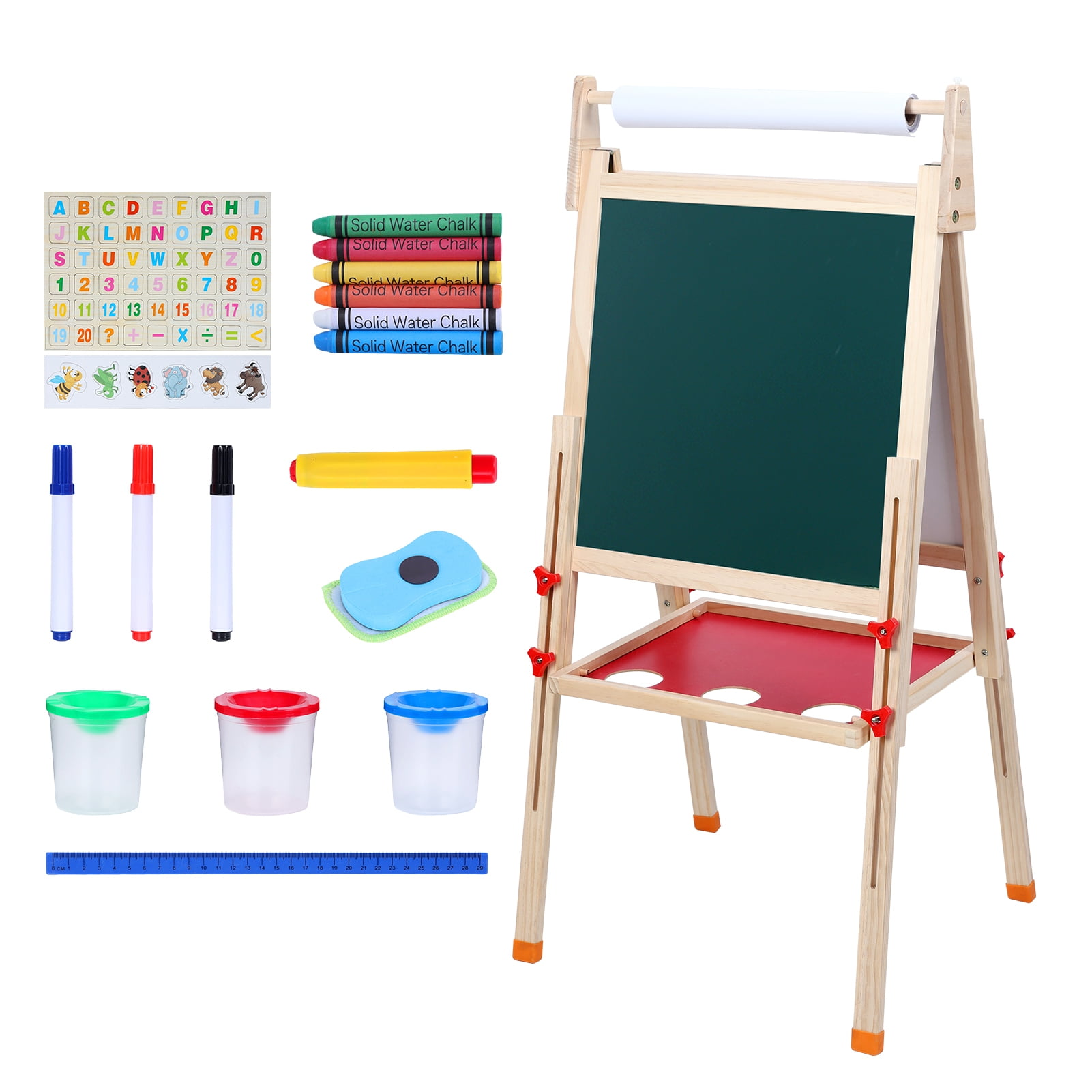 Kids Easel, Toddlers Art Easel, Wooden Kid Easel with Paper Roll, Height Adjustable Magnetic Double Sided Easel, Kids Dry Erase Board-1 Set