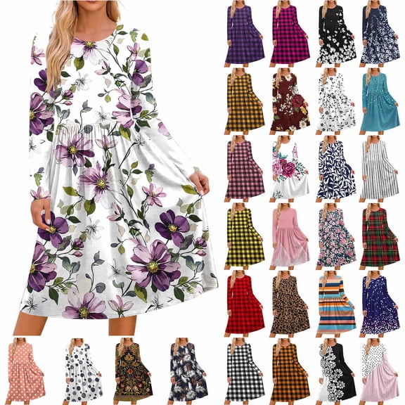 Noric Women's Crew Neck Long Sleeve Midi Dresses Casual with Pockets Floral Print Relaxed Fit Dresses for Daily Outdoor Holiday Casual