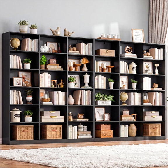 Set of 2 71.6" H 6 Tier Triple Wide Freestanding Open Bookshelves Black MDF Bookcase with 18 Open Display Shelves for Living Room Home Office Library