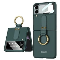 Dteck Case with Galaxy Z Flip 3 Case with Ring, Z Flip 3 Case with 9H Glass Camera Lens Protector, Leather Full Protective Shockproof Anti-Scratch Slim Cover for Z Flip 3 Case, Darkgreen