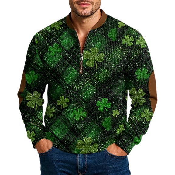 Men's St Patrick's Day Half Zip Sweatshirt Long Sleeve Clover Graphic Pullover