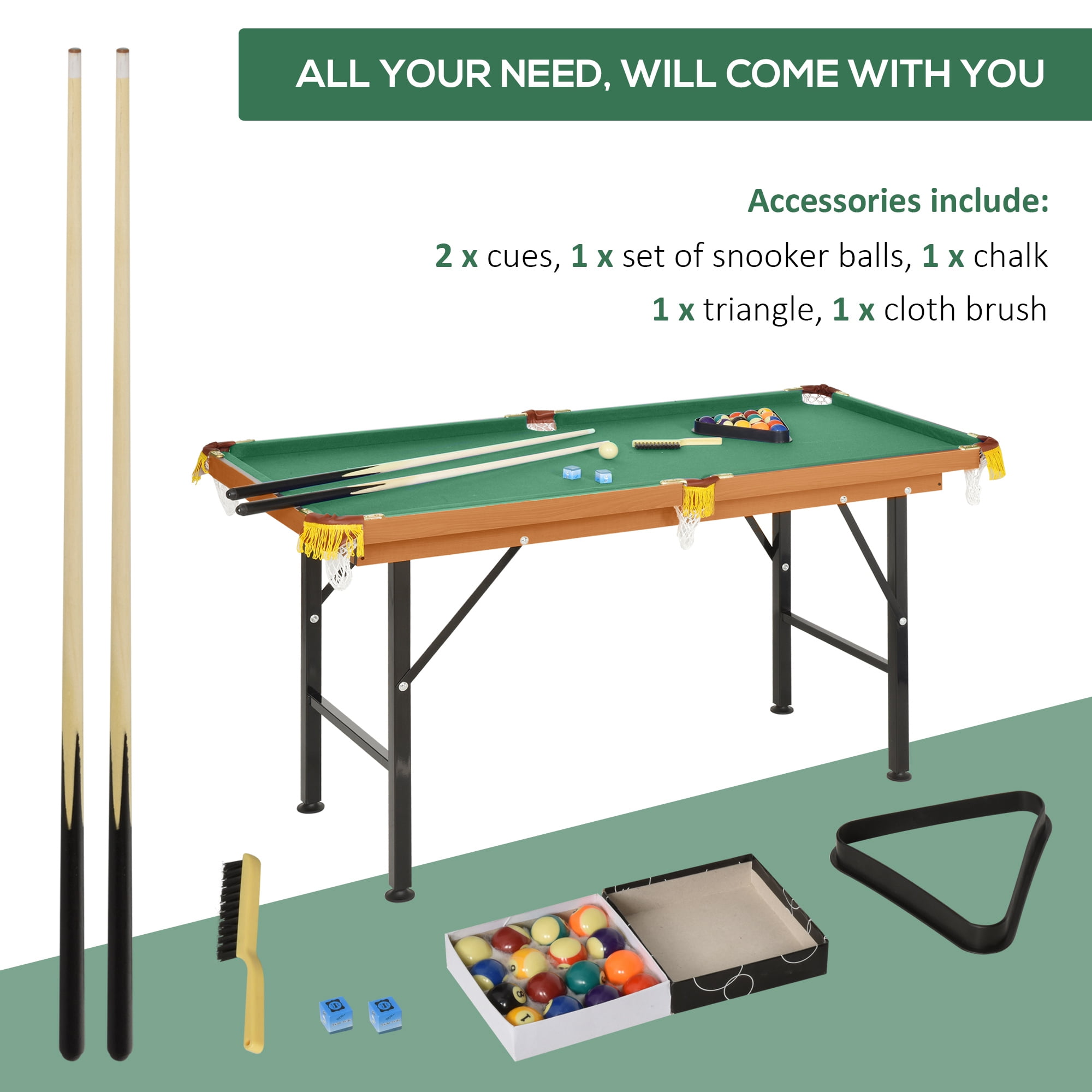 Soozier 55'' Portable Folding Billiards Table Game Pool Table for Whole Family Number Use With Cues, Ball, Rack, Brush, Chalk, Green