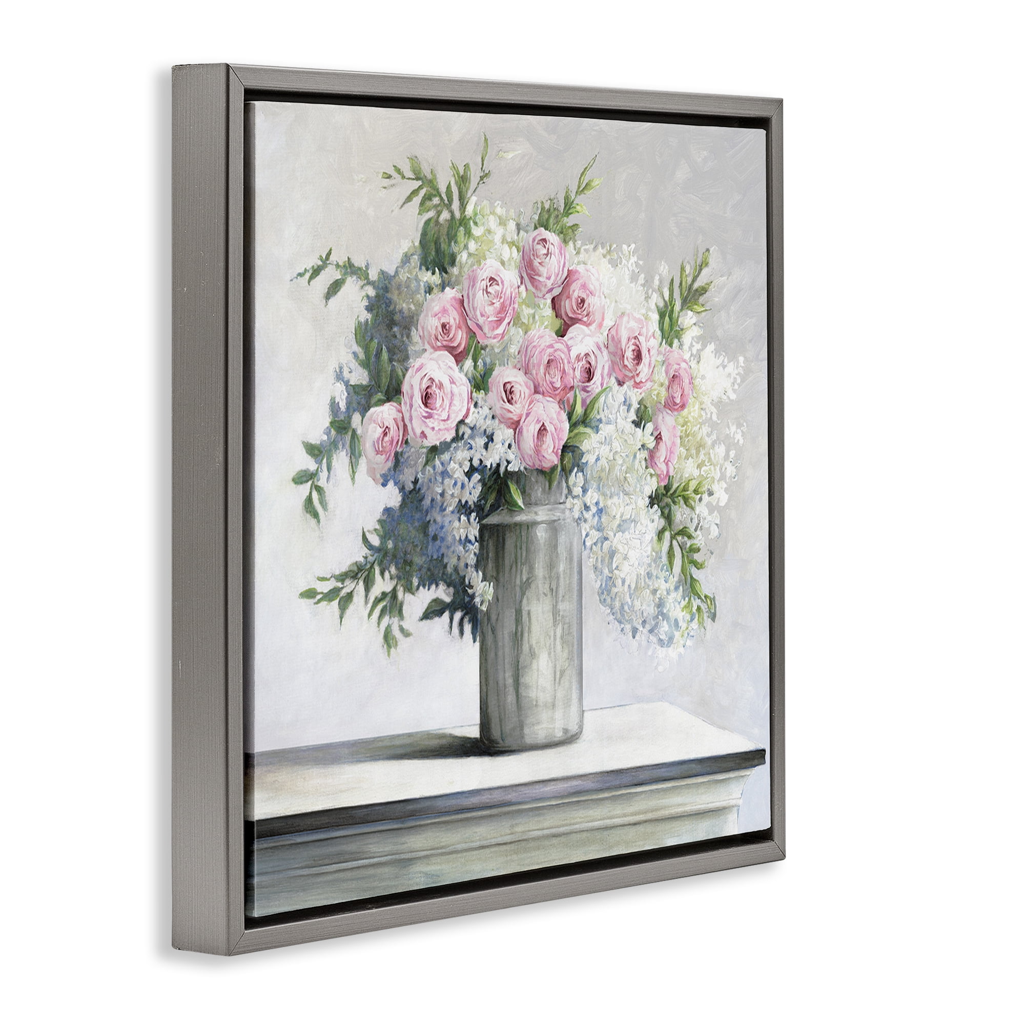 Stupell Industries Soft Pink Roses Botanical & Floral Painting Gray Floater Framed Art Print Wall Art, 18 x 18