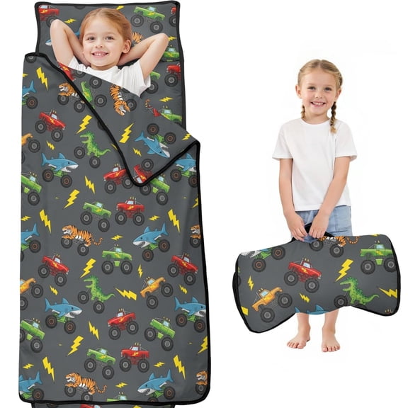 Monster Cartoon Truck Black Pattern Teens Toddler Nap Mat with Pillow, Sleeping Mat Bag for Preschool Daycare 59"x22"