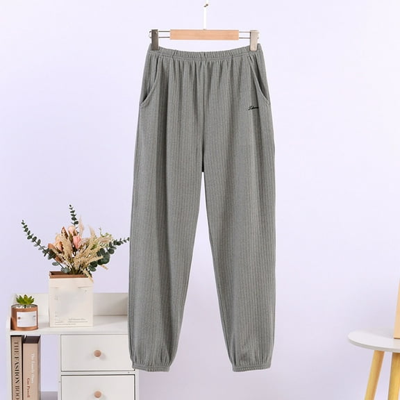 Costeam Womens Vertical Ribbed Knit Jogger Pants Side Inset Pockets Pull On Elastic High Waist Cuffed Ankle Solid Color Casual Loungewear Trousers