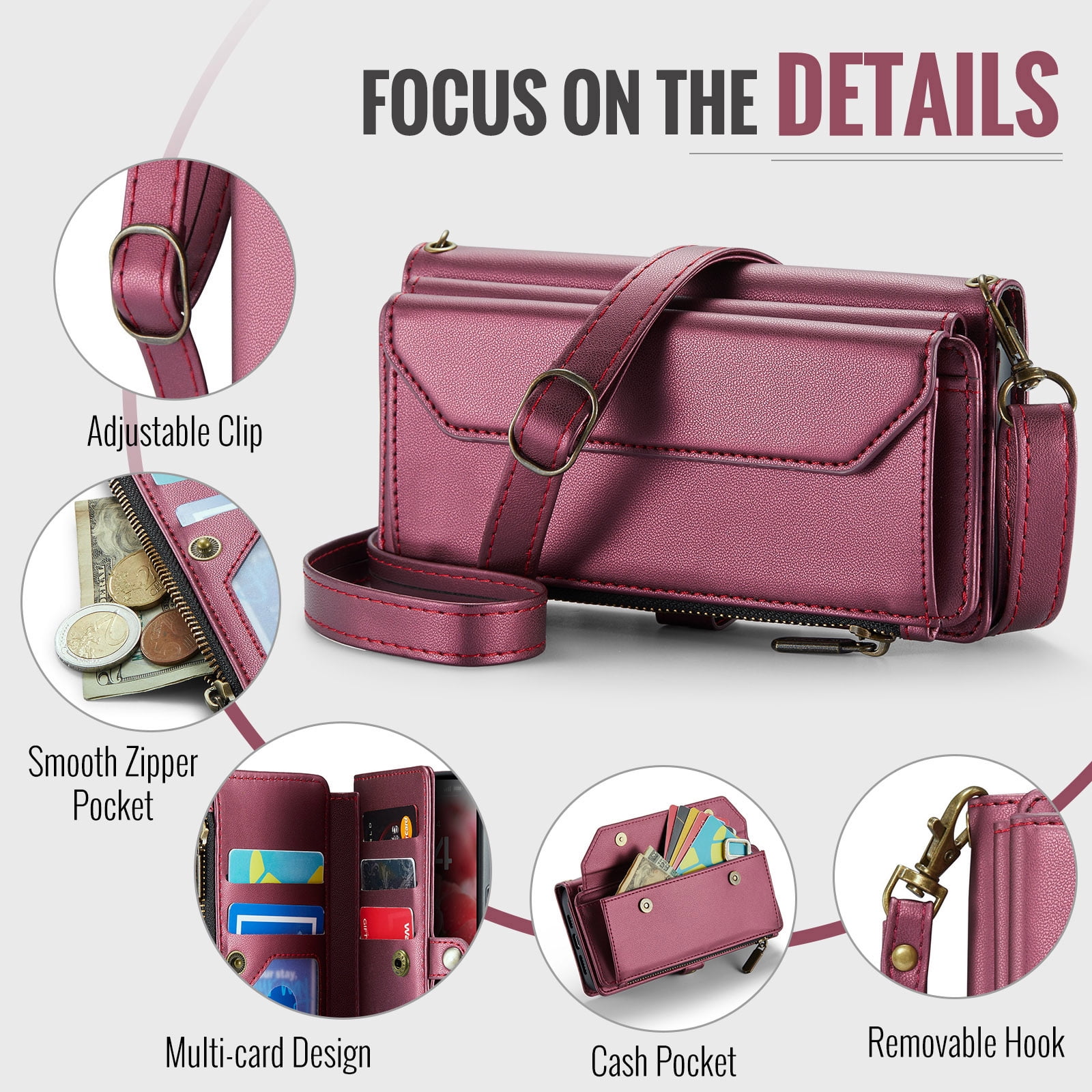 Asuwish Compatible with iPhone 16 6.1 inch Zipper Wallet Phone Case Tempered Glass Screen Protector Crossbody Lanyard Strap Flip Card Holder Slot Cell Cover for i Phone16 i16 16Case Women Wine Red
