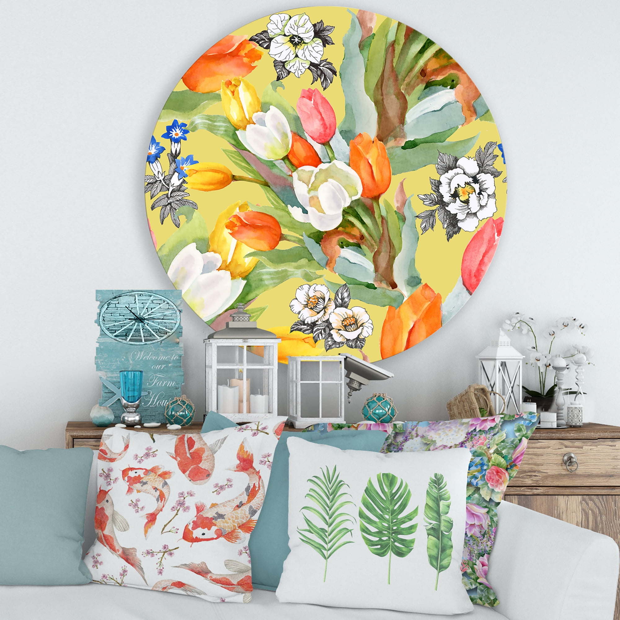 Designart 'Blooming Orange and White Tulips IV' Traditional Circle Metal Wall Art 36x36 - Disc of 36