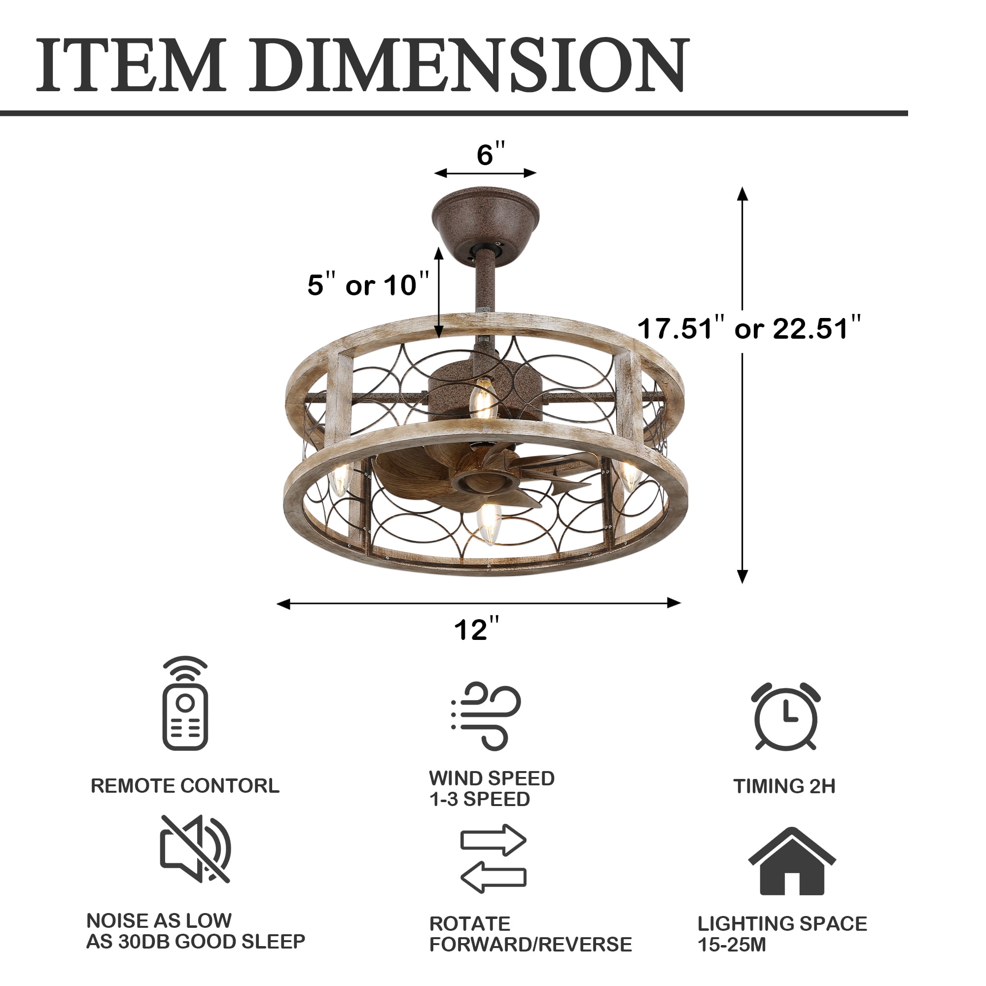 Chords Attic 20" Rustic Caged Ceiling Fan with Light and Remote Control, 4-Light Farmhouse Wood Finish Ceiling Fan Fixture for Bedroom, Living Room