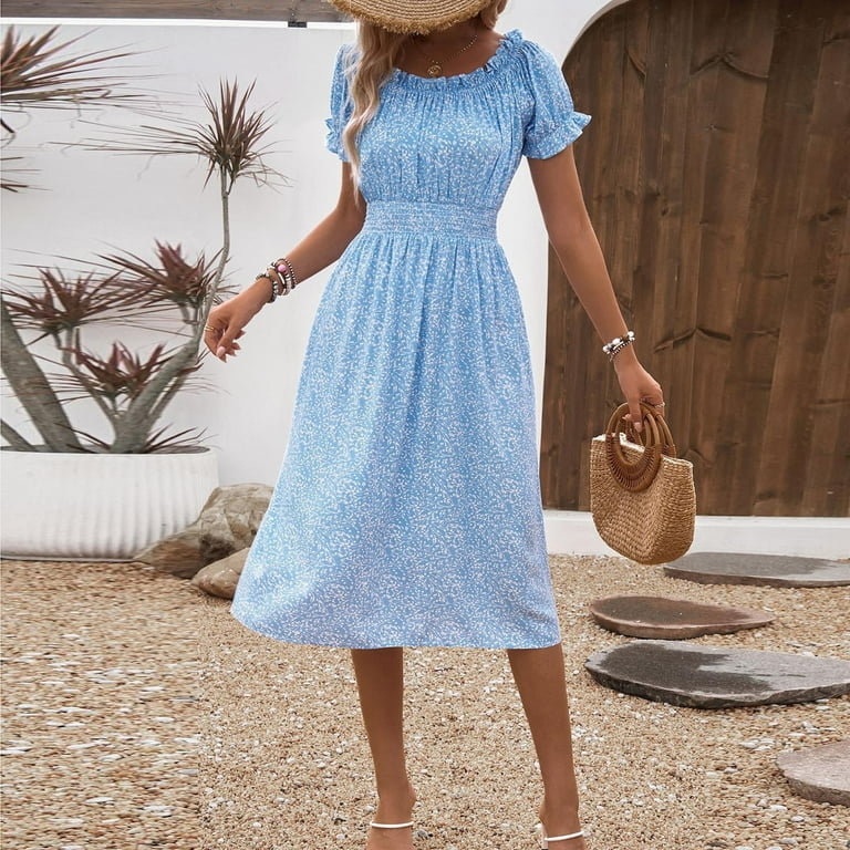 Zzwxwa Women's Floral Midi Dresses Ruffle Short Sleeve Sundress Smocked High Waist Flowy Boho A Line Babydoll Dress, Size: Medium-6, Blue