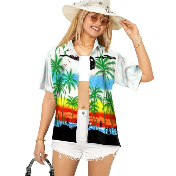 LA LEELA Women's Button Down Blouses Summer Beach Party Blouse Shirt Dressy Short Sleeve Button up Shirts Hawaiian T Shirts for Women XL Palm Tree View, White
