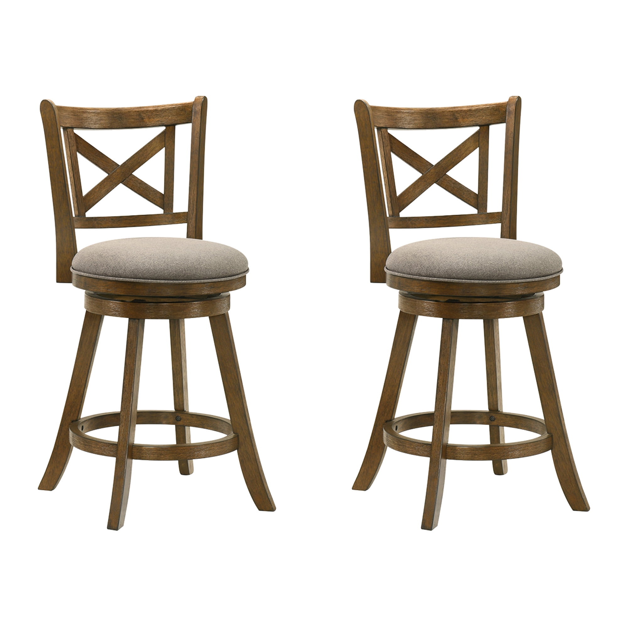Kodi Modern Farmhouse Swivel Wood Counter Height Kitchen Bar Stool in Sepia Brown Finish with Grey Fabric Upholstered Seat - Set of 2