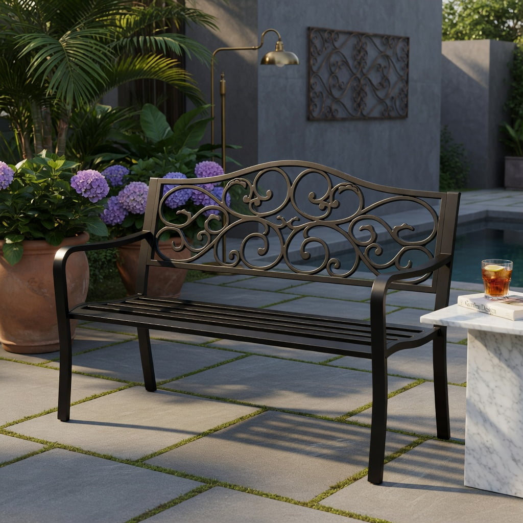 Hommoo 50" Cast Iron Outdoor Patio Bench, Floral Scroll Backrest, Slatted Seat, Heavy-Duty Metal Garden Bench for Porch & Deck, Black