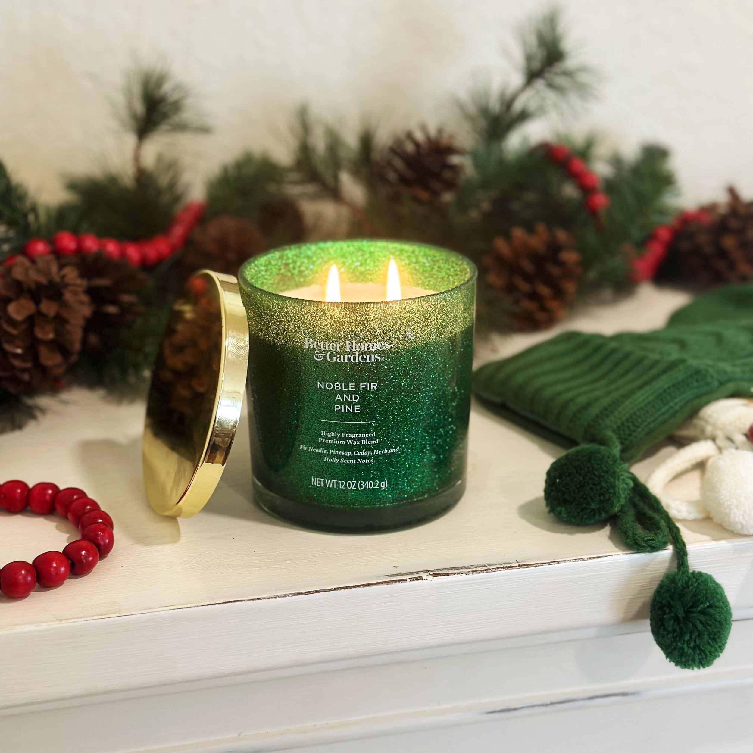 Better Homes & Gardens Noble Fir & Pine Scented 2 Wick Glitter 12oz Jar Candle