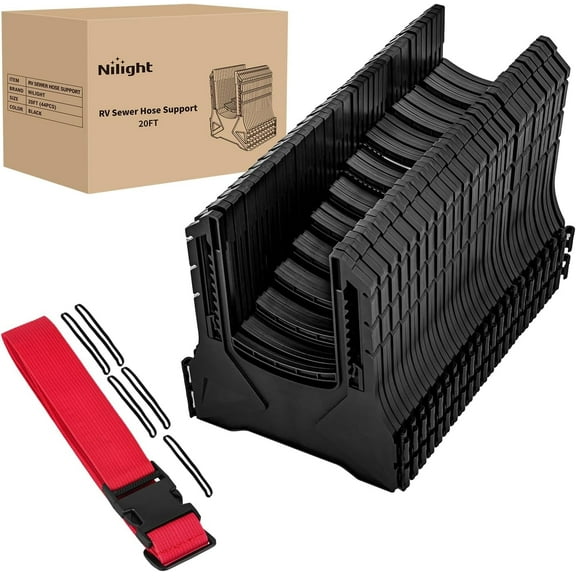 Nilight RV Sewer Hose Support 20Ft, Telescoping Design Avoid Obstacles and Height Adjustable for Camper Drainage,Stable Deep U Shape Cradles Secure with Strap and Rubber Bands, Black