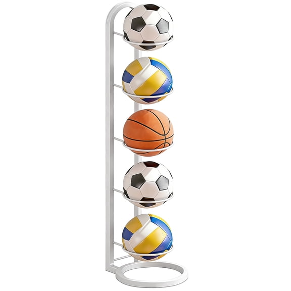 4-Tier Storage Rack, White Iron Vertical Ball Holder, 35.2 x 9.45 in Space-Saving Sports Ball Organizer, Stable Freestanding Display Shelf for Basketball, Football, Volleyball Organization