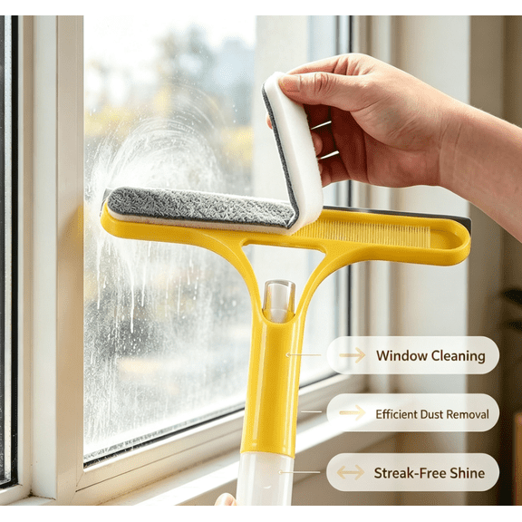 3-in-1 Window Cleaning Squeegee with Spray Bottle, Detachable Scrubber Brush, 2 Replacement Microfiber Pads, Multifunctional Glass Cleaner Tool for Bathroom Mirror, Shower Door, Car Windshield,