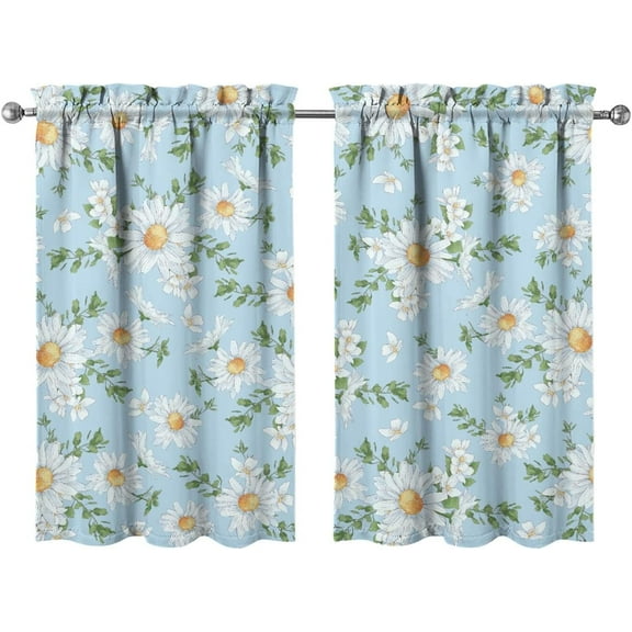 Floral Kitchen Curtains 39 Inch Length Blue Window Curtain Over Sink Spring Summer Small Short Tier for Bathroom Cafe Rod Pocket (2 Panels, 27.5" W x 39" L)