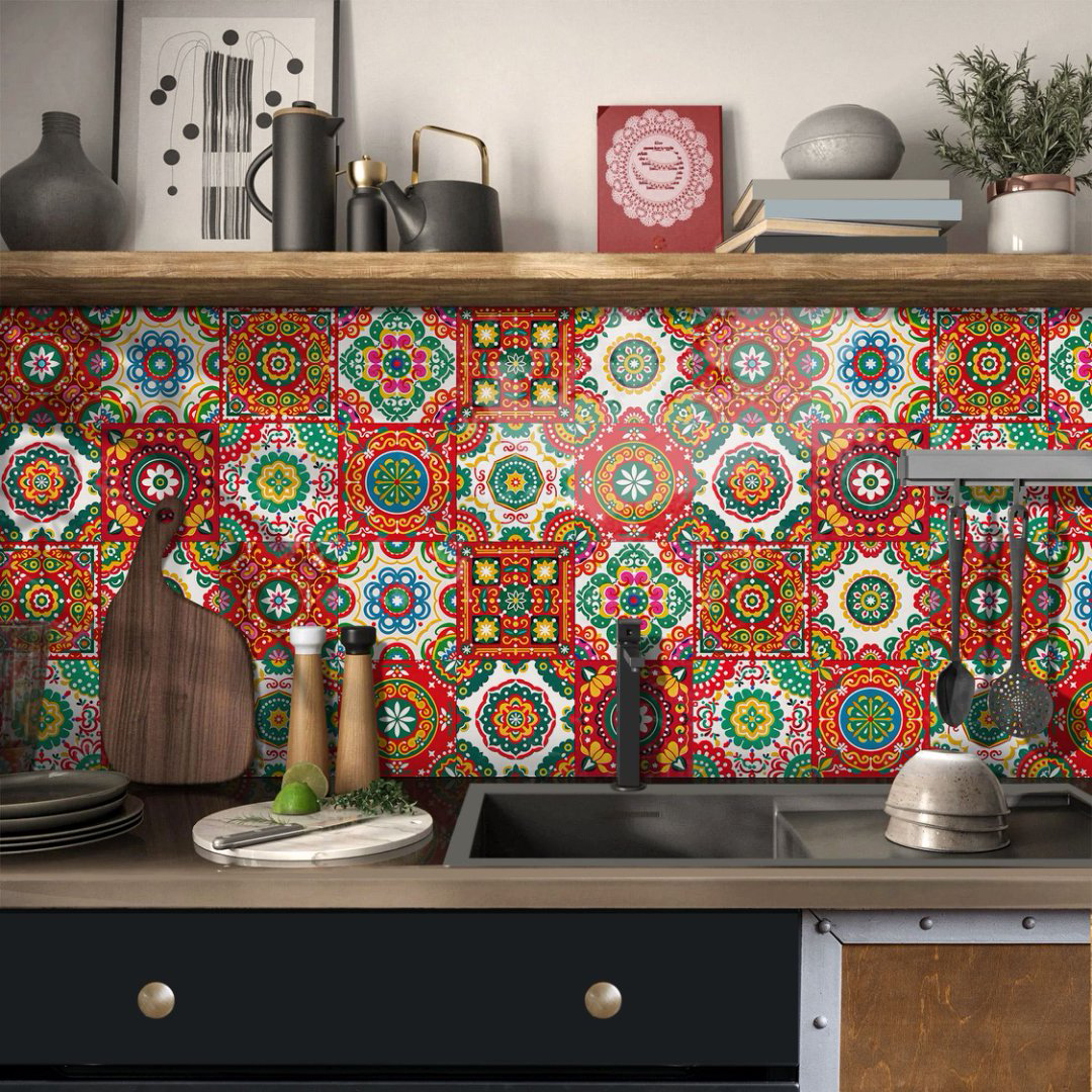 24 Piece Self Adhesive Tiles Stickers Kitchen Backsplash 8" x 8" Red Green Flowers Pattern Wall Decals DIY Peel and Stick Waterproof Tile