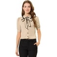 thumbnail image 1 of INSPIRE CHIC Women's Contrast Peter Pan Collar Shirt Puff Sleeve Button Up Tie Neck Blouse, 1 of 5