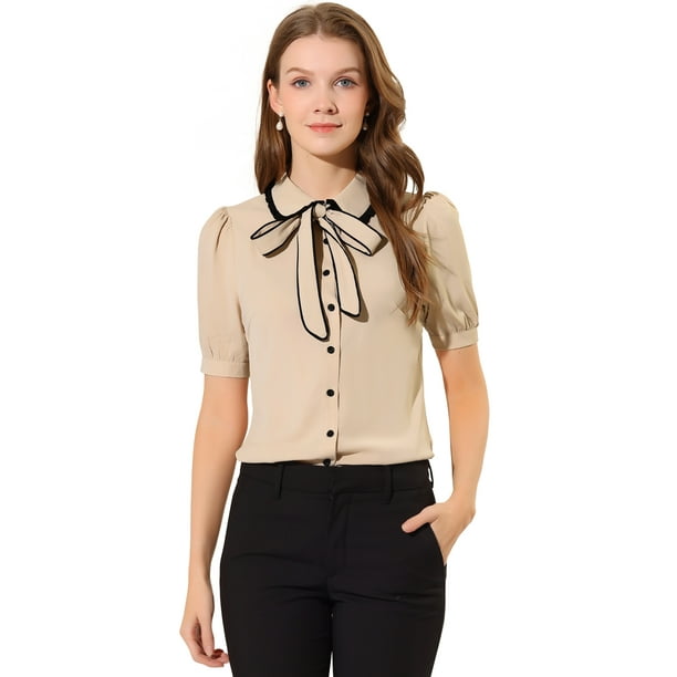 Allegra K Women's Contrast Peter Pan Collar Shirt Puff Sleeve Button Up Tie  Neck Blouse 
