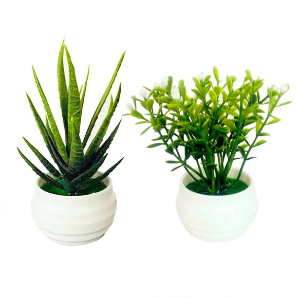 Juego de 2 plantas en maceta Mini plantas Pequeñas plantas artificiales decorativas con maceta de plástico blanco para el hogar