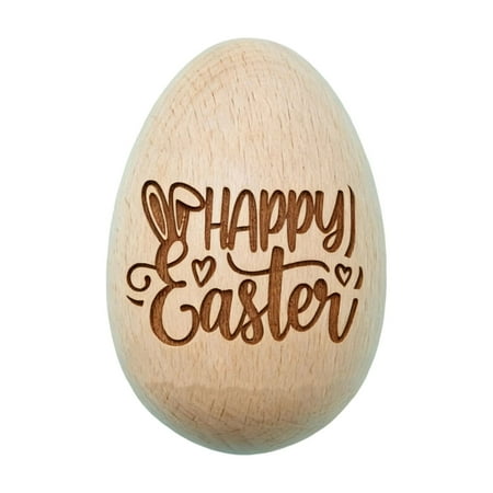 Wooden Egg Shaped Ornament with Engraved Bunny Ears and Happy Easter Lettering for Seasonal Decoration Display Wooden Egg Shaped Ornament with Engraved Bunny Ears and Happy Easter Lettering for Seasonal Decoration Display