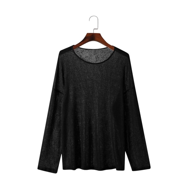 pstuiky camisa de manga larga para hombre, Camisa de manga larga con cuello redondo, transpirable, de color sólido y transparente para hombre tops de invierno para hombre m