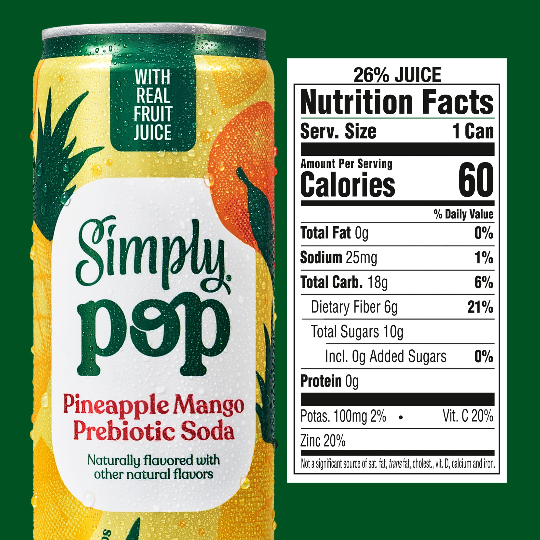 (12 pack) Simply Pop Prebiotic Soda Pineapple Mango Drink, 12 oz. can