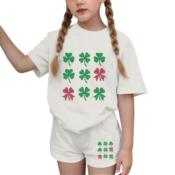 Vestido de Manga Corta para Niños Día de San Patricio Impreso Cuello Redondo de Dos Piezas con Pantalones Cortos, Cómoda Mezcla de Poliéster Spandex