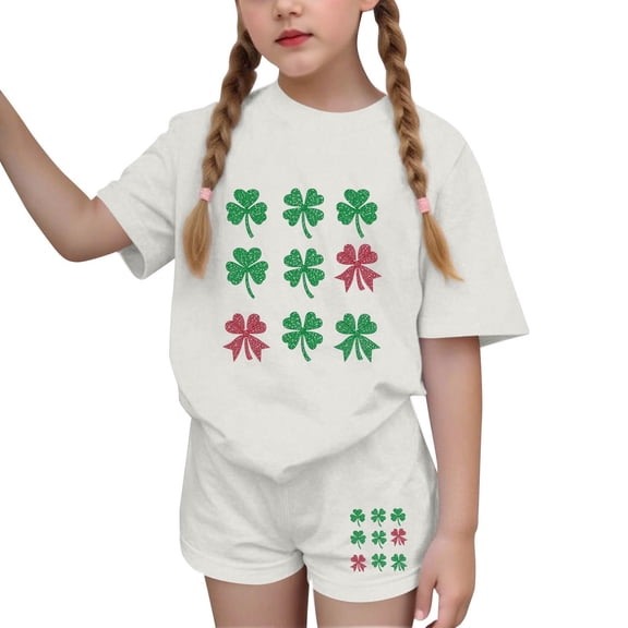 SERTG Girls St Patricks Day Set Luckly Shamrock Print T-Shirt and Shorts Casual Round Neck Short Sleeve Holiday Celebration Everyday Wear Kids Tee Festive Apparel(White#1,14-15 Years)