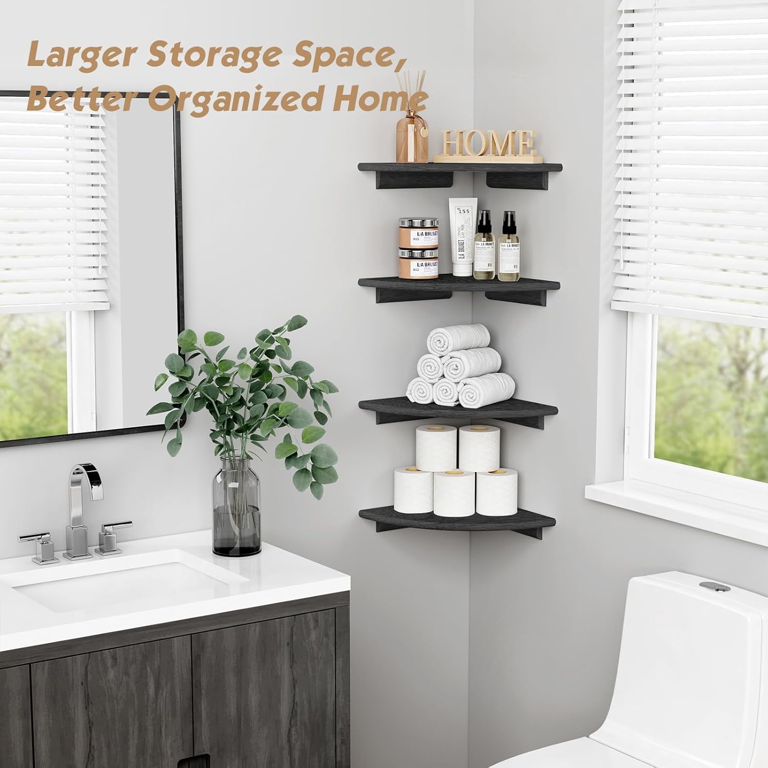 Black Floating Corner Bookshelf for Wall Set of 4, Large Corner Plant Shelves for Living Room, Rustic Rounded Hanging Bookshelves Wall Mounted for Bedroom Books, Kitchen, Closet, Office