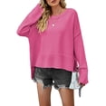 thumbnail image 3 of Women Crewneck Sweaters Bell-Style Sleeve Batwing Knit Tops Slouchy Soft Pullover Tops Rose Red M, 3 of 9