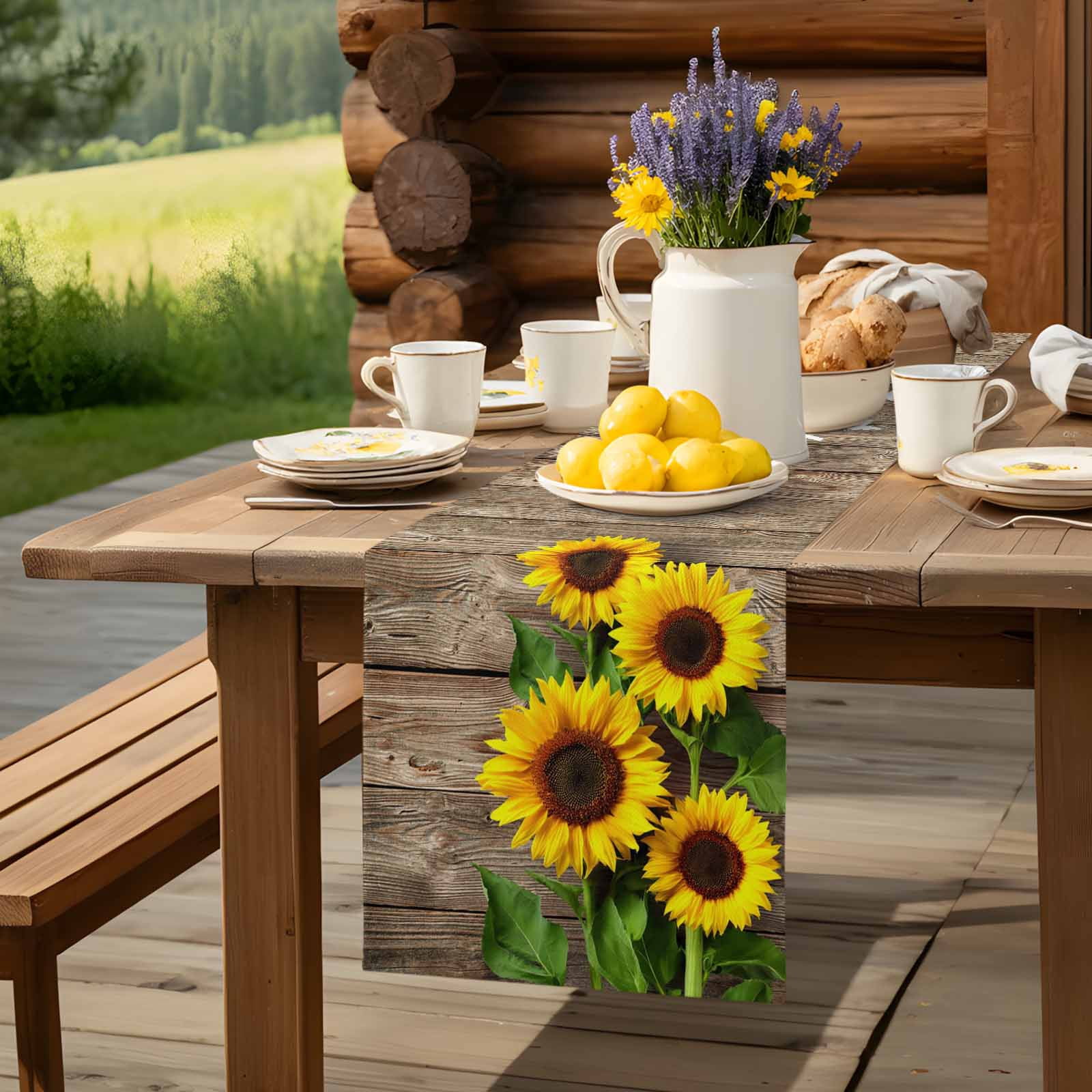 Farmhouse Sunflowers Leaves on Wood Plank Table Runner 90 Inches Long, Rural Floral Table Runners Tabletop Scarf Kitchen Dining Tables Decoration for Home Party Indoor Outdoor