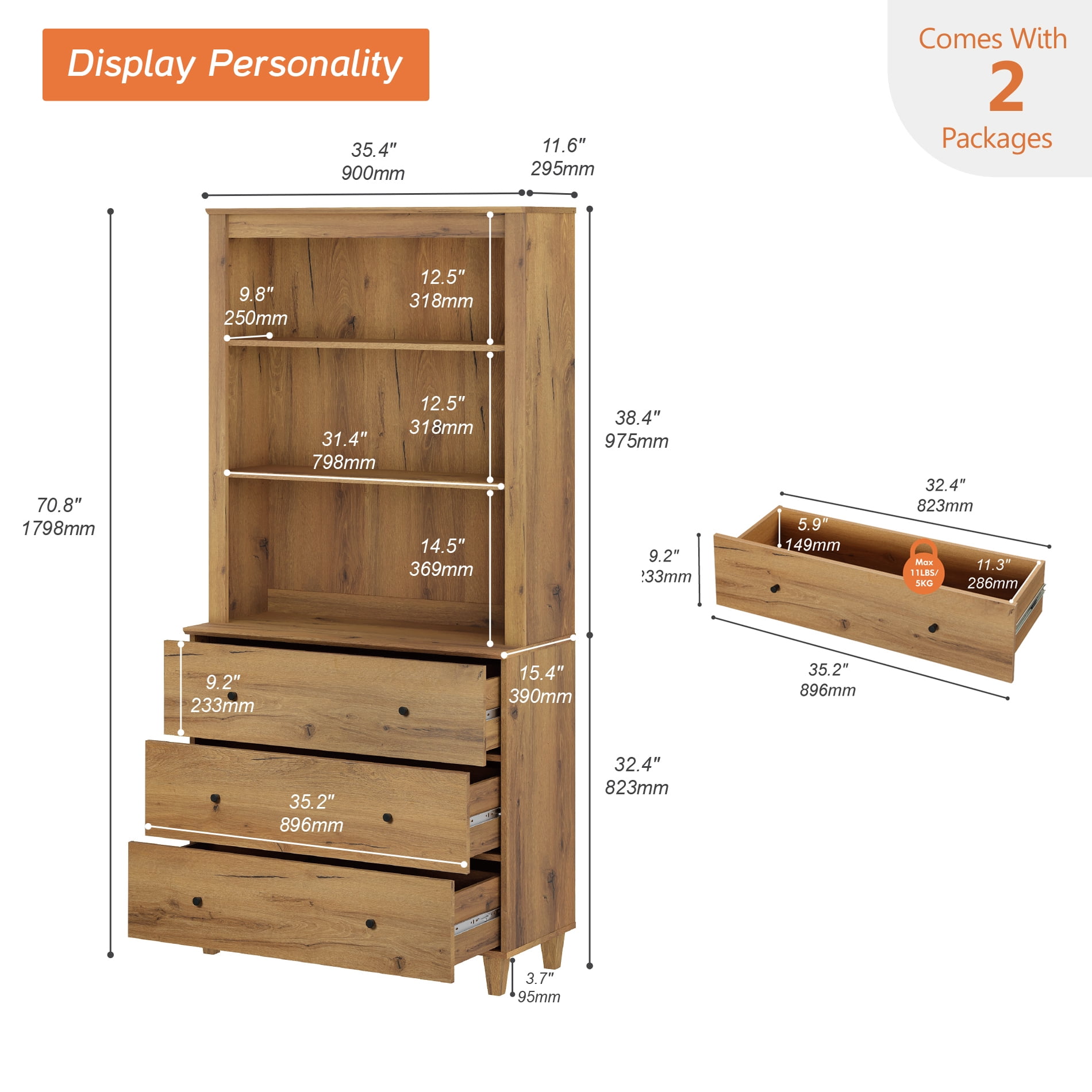 WAMPAT Modern 71 Inches Tall Bookcase with 3 Drawers, 3-Tier,Oak Brown