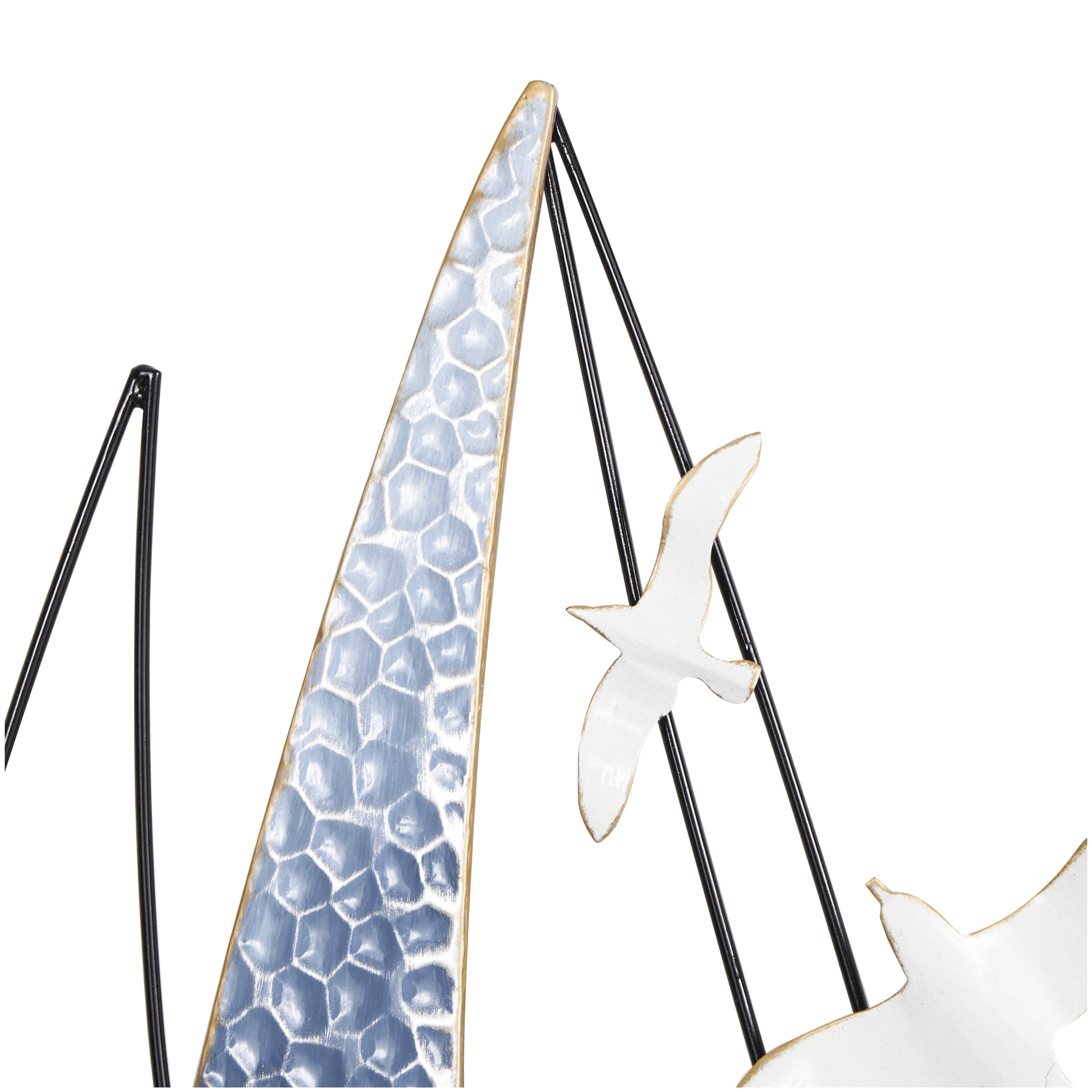 DecMode Blue Metal Sail Boat Wall Decor with Black Wire Outline and White Bird Accents